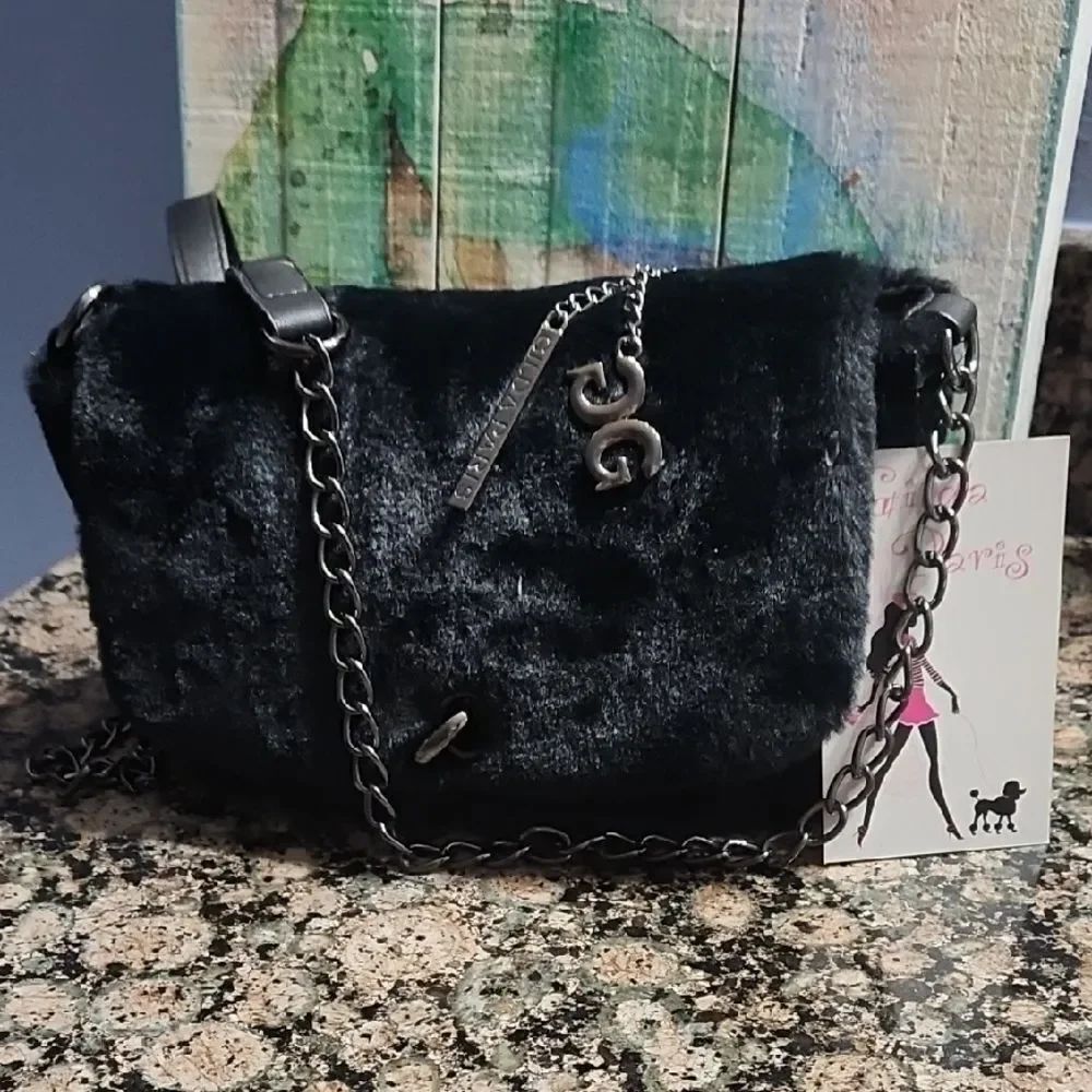 Gilda Paris Black Fur Shoulder Bag with Bag Charm